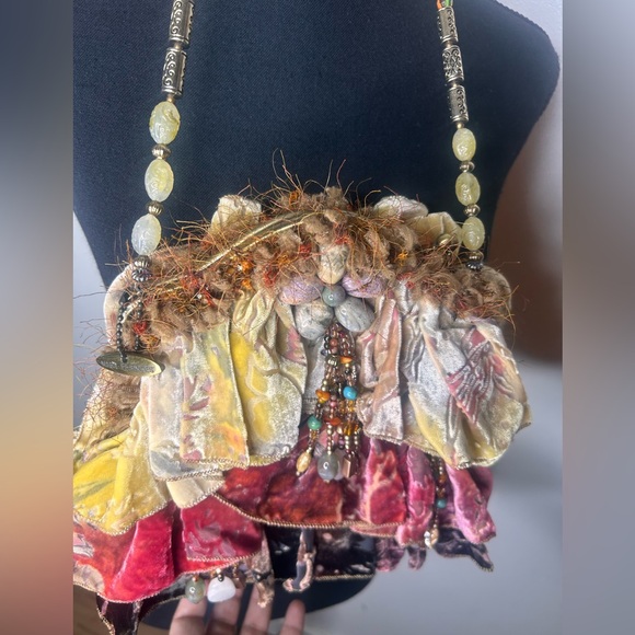 Mary Frances Vintage Beautiful BOHO Velvet Stone Bag Beaded - Picture 11 of 14